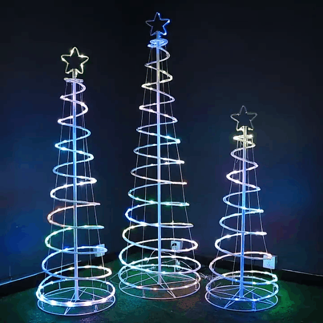 Glowing spiral Christmas tree light outdoors