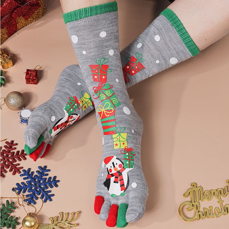 Knee high Christmas toe socks with penguins