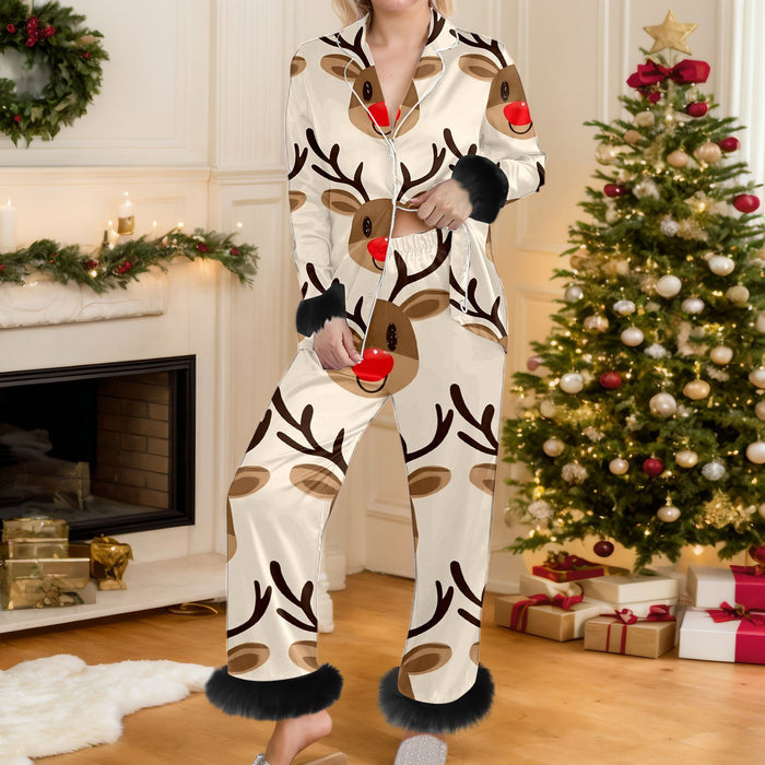 Warmfell Christmas Print Button Up Pyjama Set with Faux Fur Trim