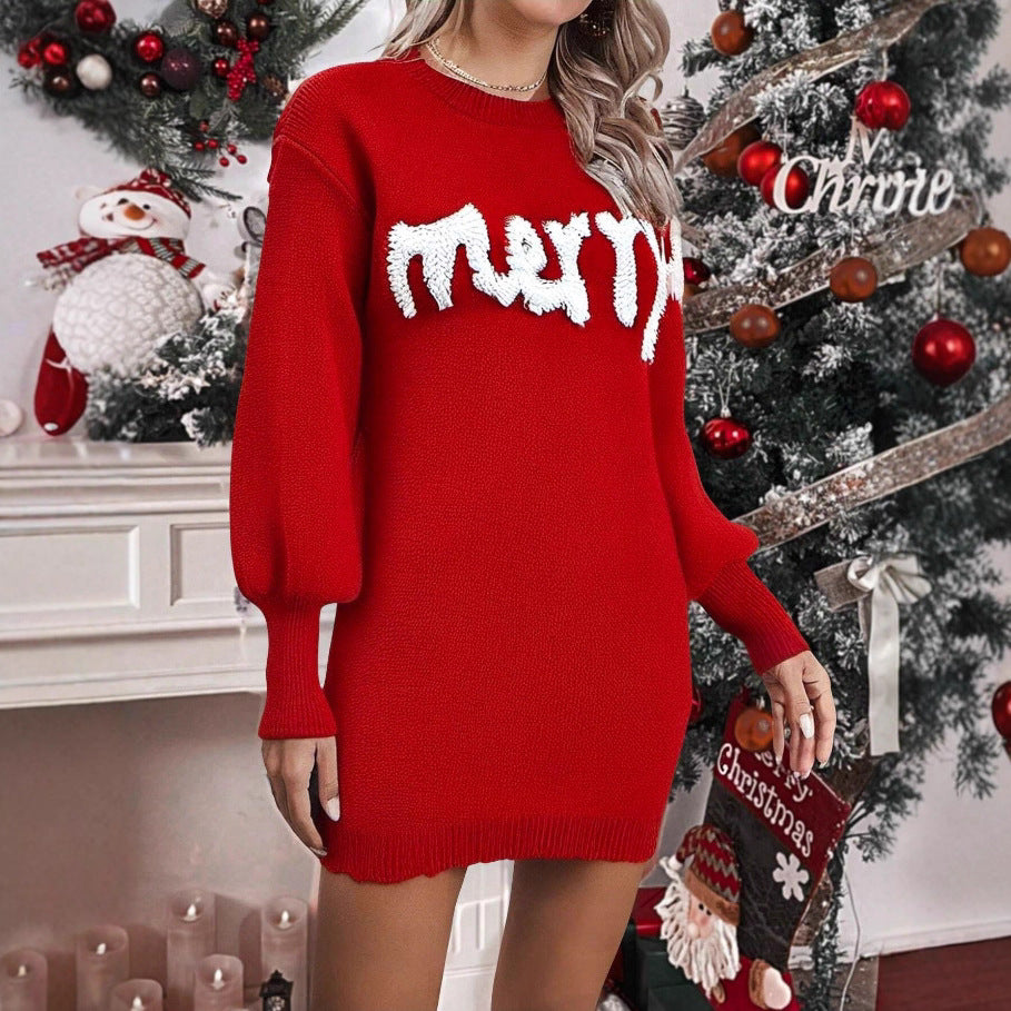 Womens Christmas Jumper Dress Lantern Sleeve Knit