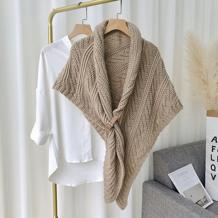 Warmfell Chunky Knit Triangle Scarf with Buckle, Wear as a Cape