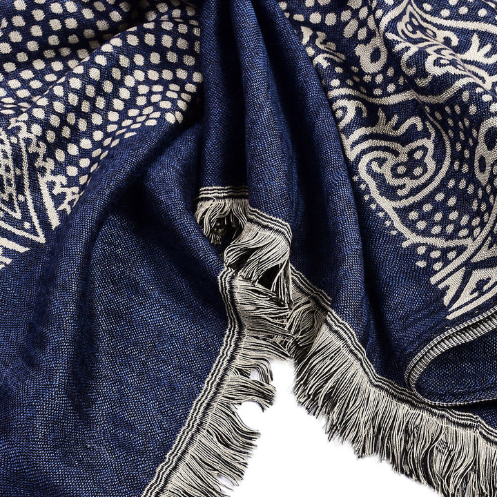 Navy jacquard woven scarf with fringe