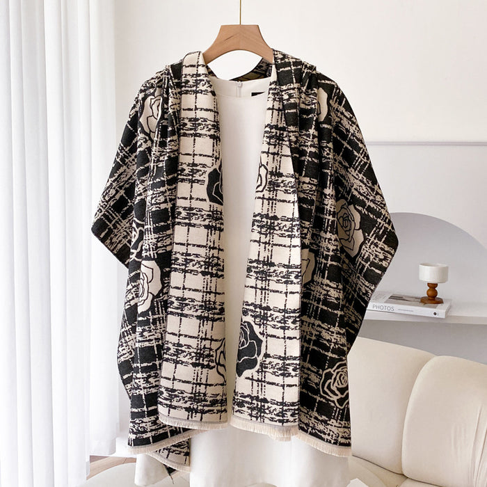 Warmfell Double Sided Plaid Wrap Shawl with Rose Motif