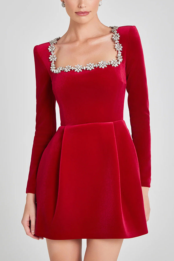 Warmfell Square Neck Mini Dress with Rhinestone Flower Trim