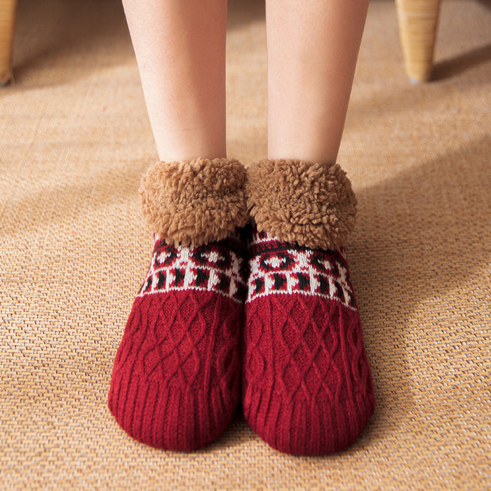 Warmfell Knitted Slipper Socks with Fleece Cuff and Grippy Sole