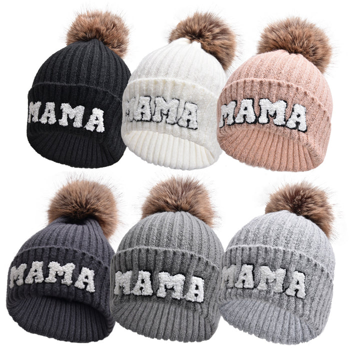 Pink MAMA and MINI beanies with pompoms