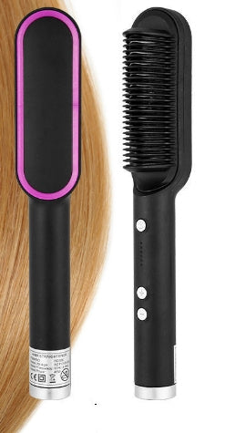 Black heated straightening comb on dressing table