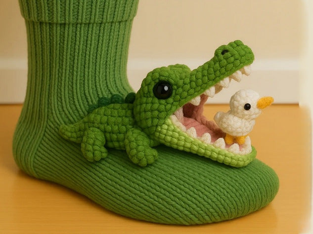 Warmfell Knit Socks with a 3D Crochet Animal Hug
