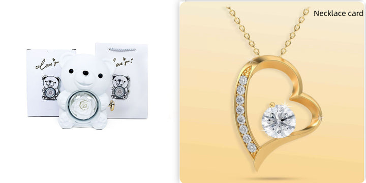 Rotating teddy bear jewellery box with eternal rose