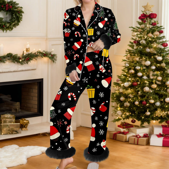 Warmfell Christmas Print Button Up Pyjama Set with Faux Fur Trim