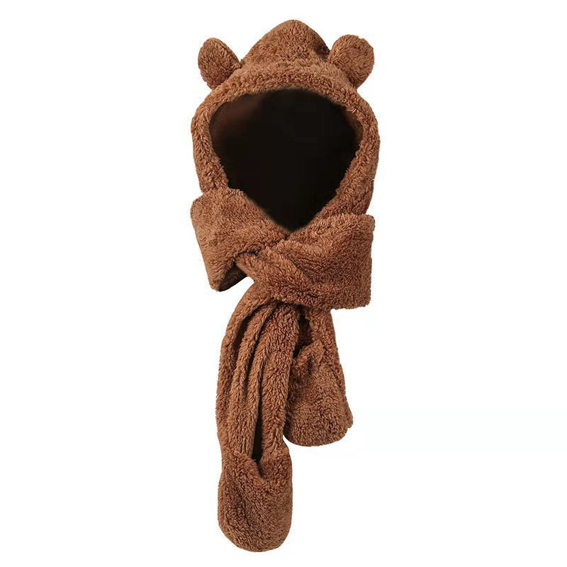 Woman wearing teddy hood scarf with bear ears