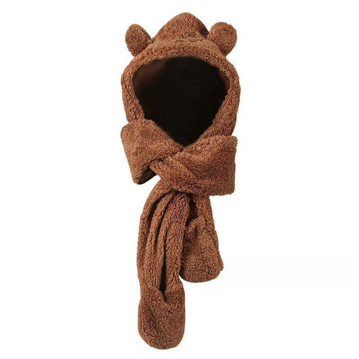 Woman wearing teddy hood scarf with bear ears