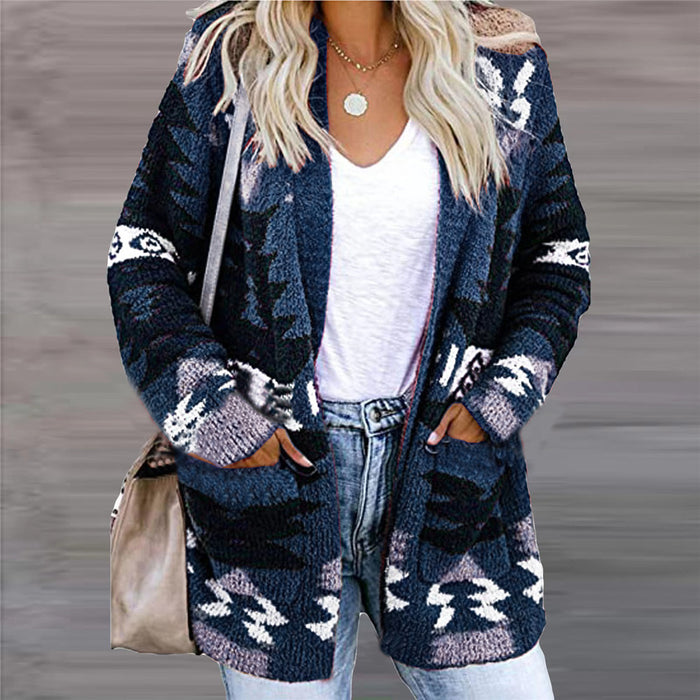 Warmfell Open Front Knitted Cardigan with Pockets and Geometric Print