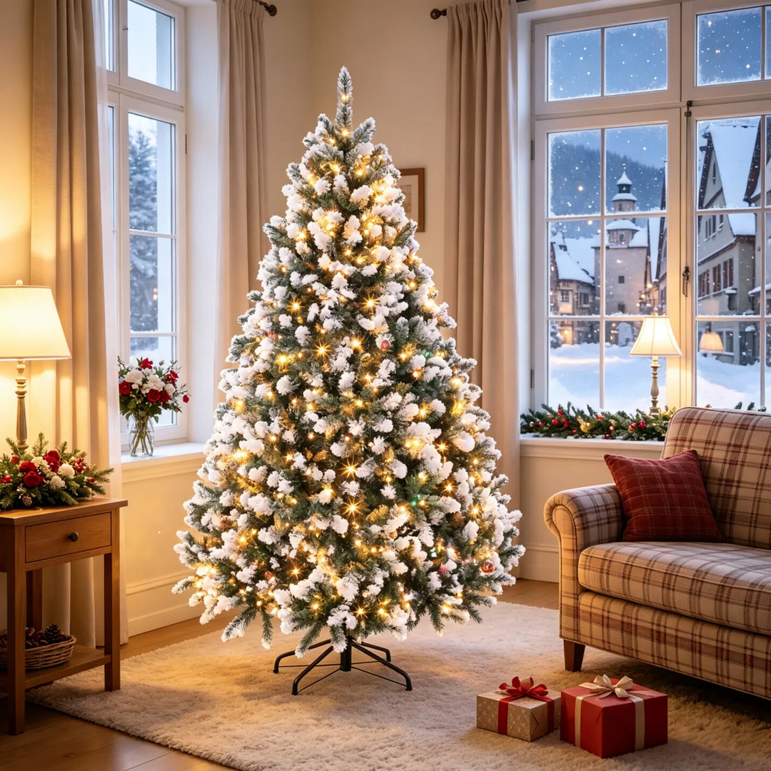 Snow-tipped pre-lit tree with remote