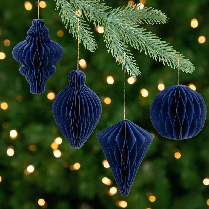 Warmfell Set of 4 Navy Honeycomb Paper Christmas Ornaments