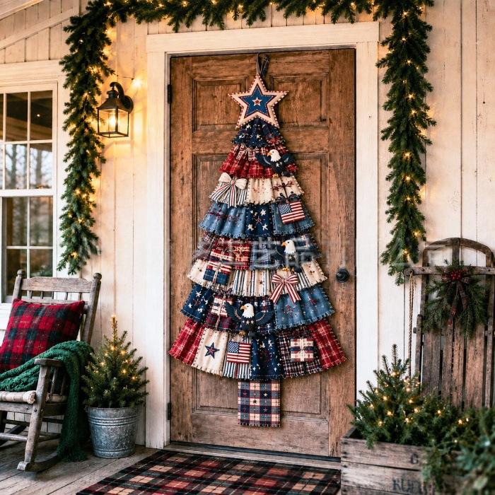 Patchwork Christmas tree hanging on a front door