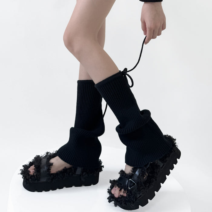 Warmfell Flared Ribbed Leg Warmers with Lace Up Tie
