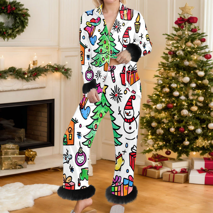 Woman in Christmas print pyjama set