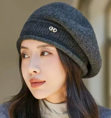 Warmfell Knitted Beret Hat with Folded Brim and Ring