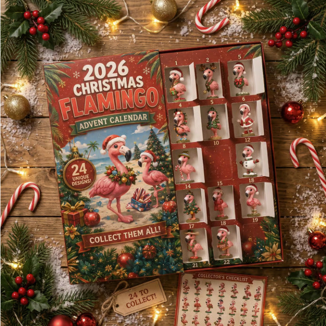 Flamingo advent calendar with festive figures