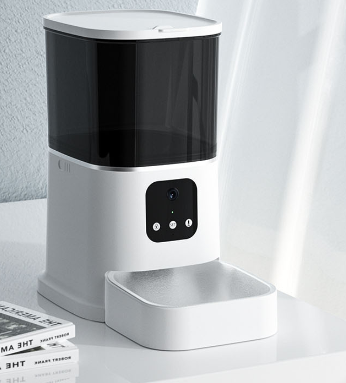White automatic pet feeder with steel bowl