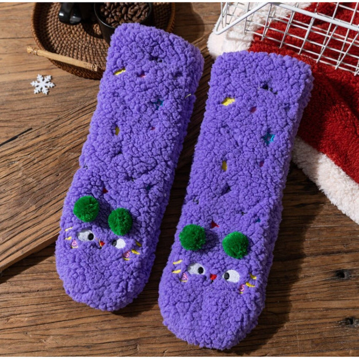 Warmfell Fluffy Socks with Embroidered Faces and Pompoms