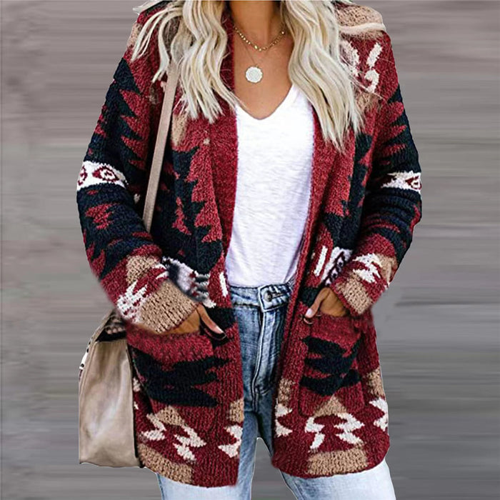 Warmfell Open Front Knitted Cardigan with Pockets and Geometric Print