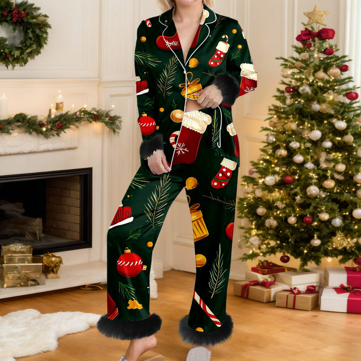 Woman in Christmas print pyjama set