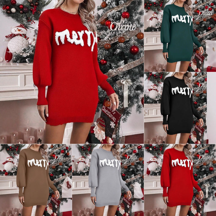 Womens Christmas Jumper Dress Lantern Sleeve Knit