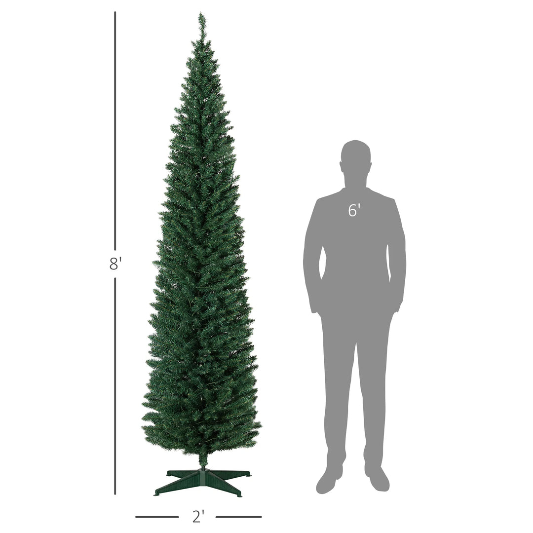 Tall green pencil tree with warm lights