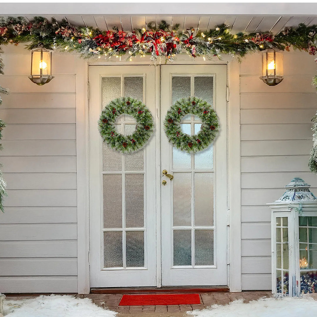 Pre-lit Christmas wreath on front door