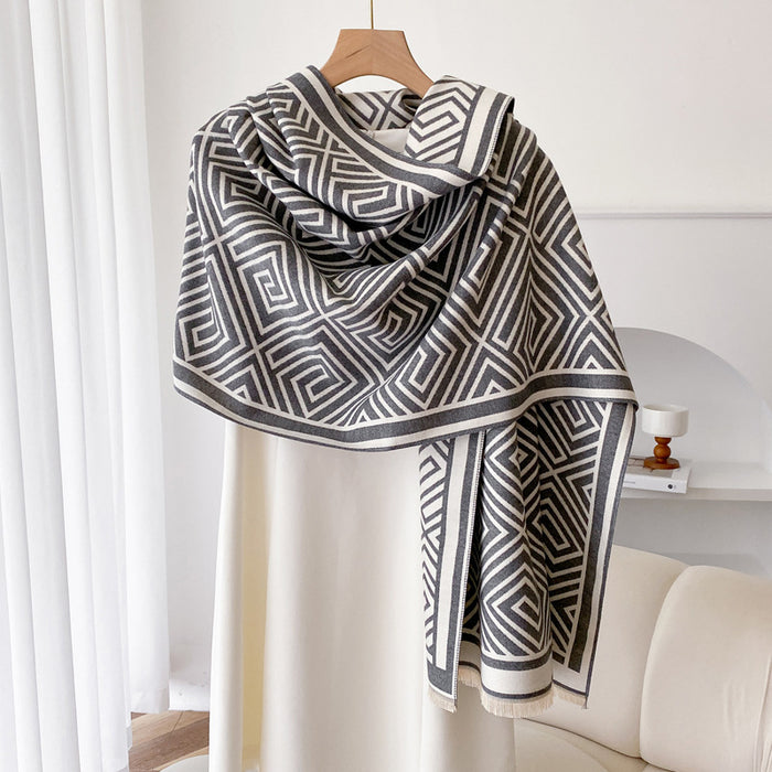 Warmfell Fringed Cashmere-Feel Shawl Cape with Geometric Pattern