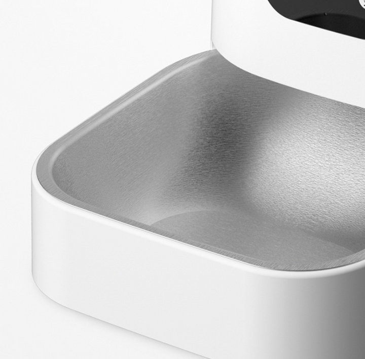 White automatic pet feeder with steel bowl