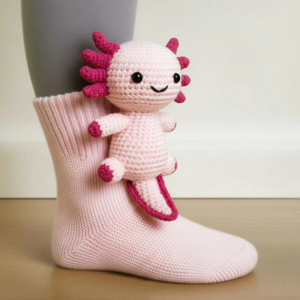 Knit socks with 3D crochet sloth