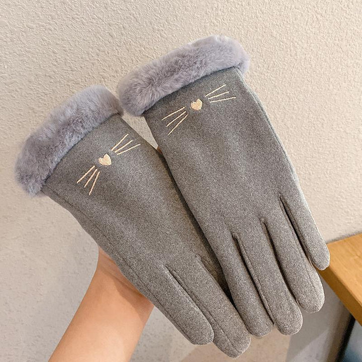 Pink suede look gloves with cat face