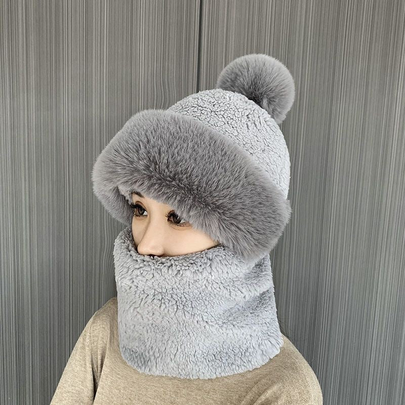 Pink plush hood hat with pompom