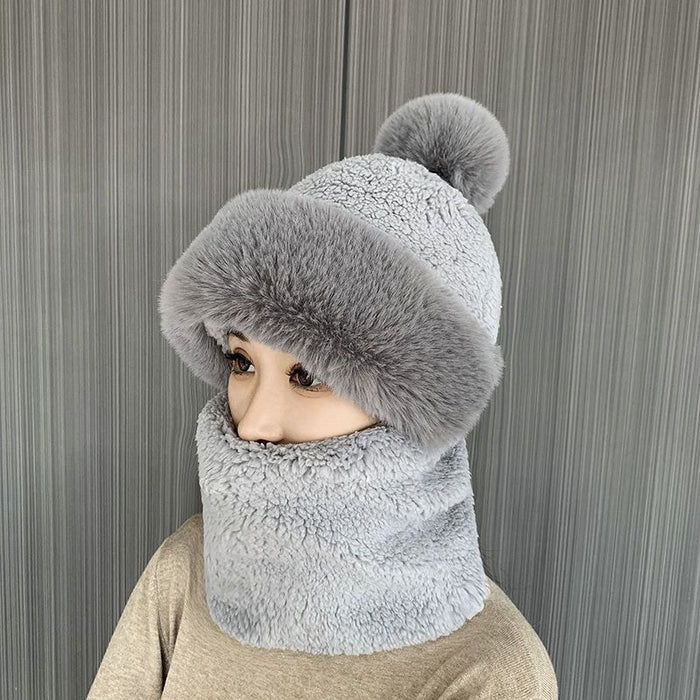 Warmfell Plush Hood Hat with Neck Warmer and Pompom