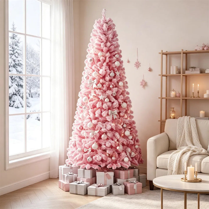 Full pink flocked tree with warm lights