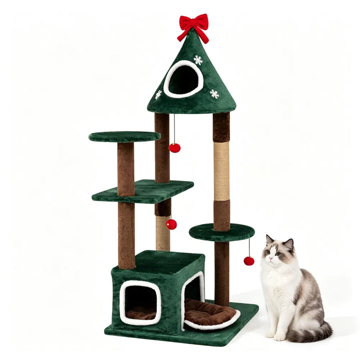 Green Christmas cat tree with bell balls
