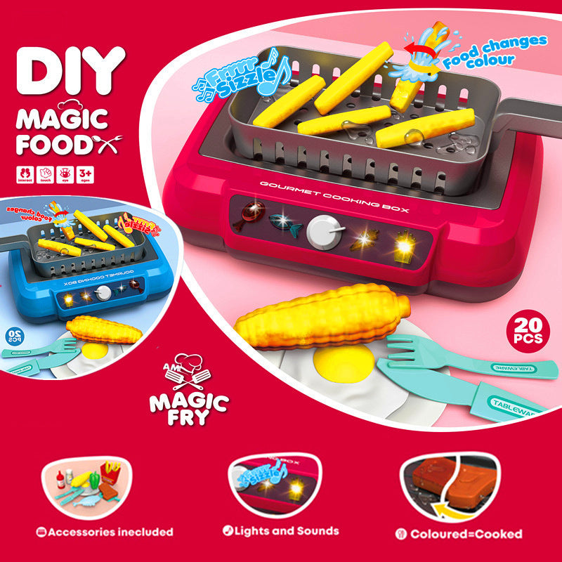 Toy kitchen hob with play food and utensils