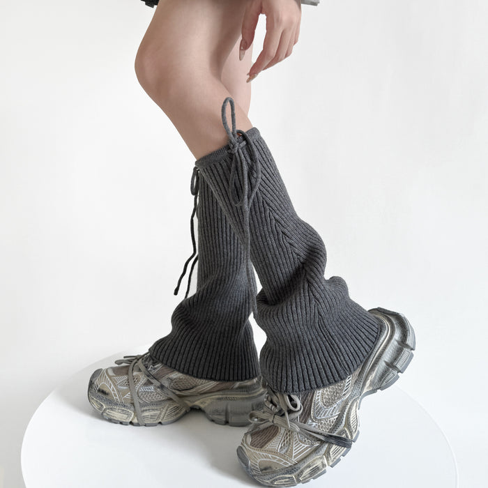 Warmfell Flared Ribbed Leg Warmers with Lace Up Tie