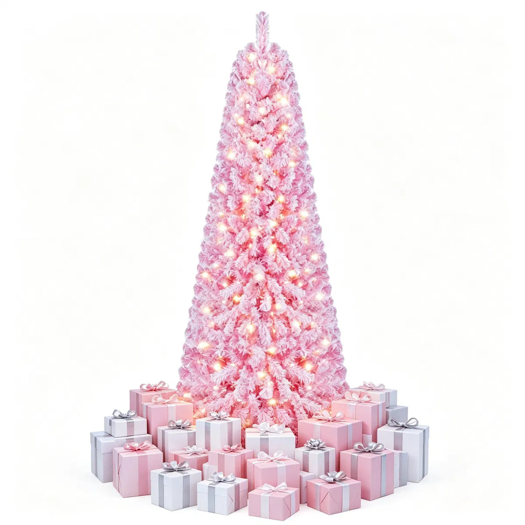Full pink flocked tree with warm lights