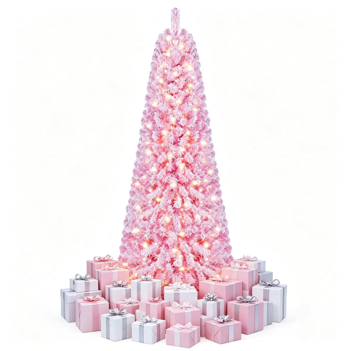 Full pink flocked tree with warm lights
