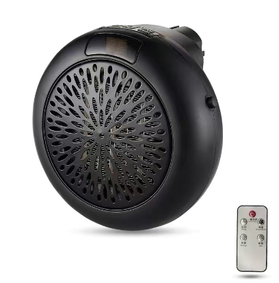 Compact white heater plugged into wall socket