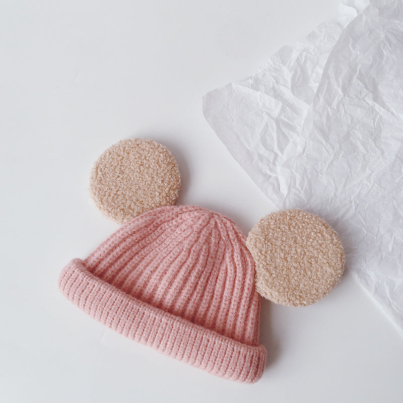 Kids pink ribbed beanie with teddy ears