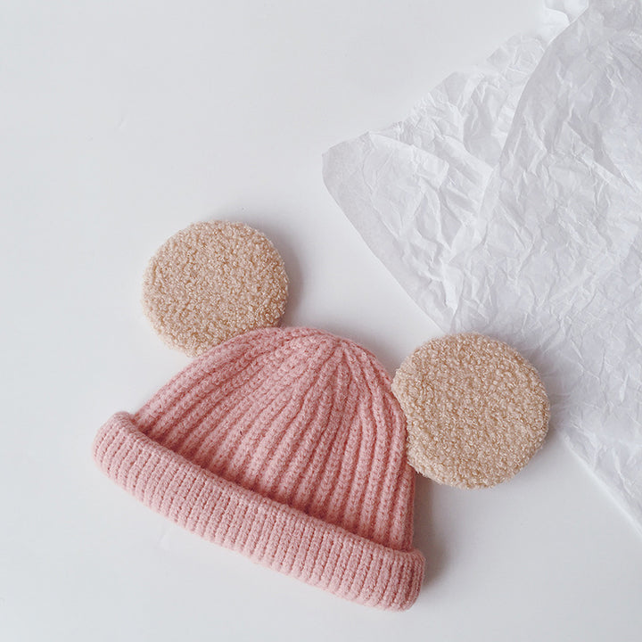Kids pink ribbed beanie with teddy ears