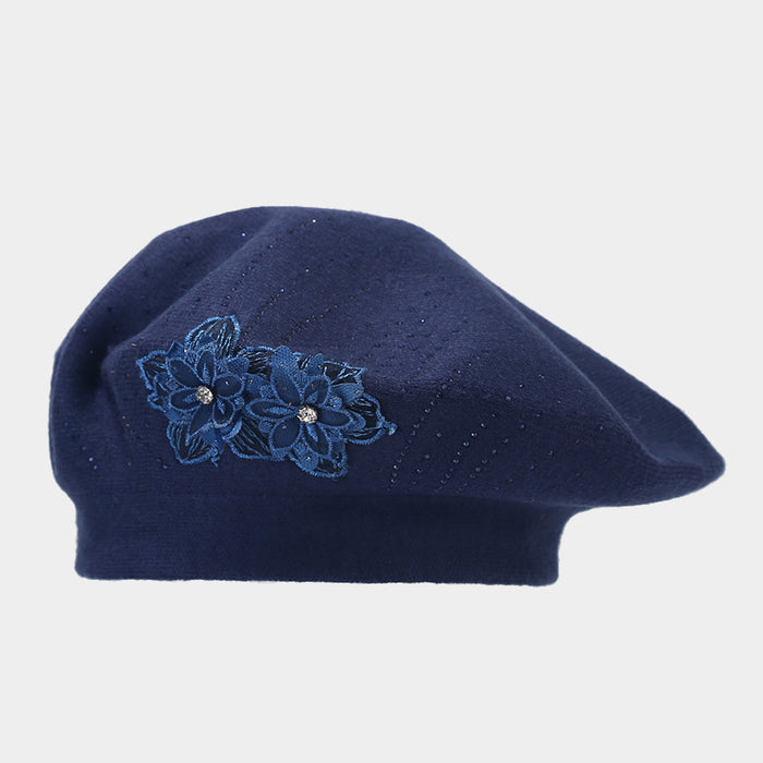 Warmfell Knit Beret with 3D Flower and Rhinestones