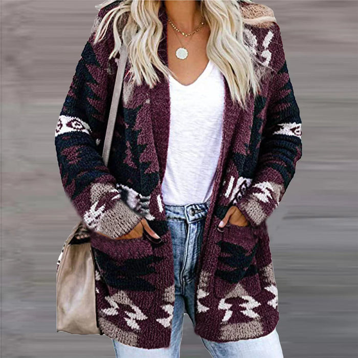 Warmfell Open Front Knitted Cardigan with Pockets and Geometric Print