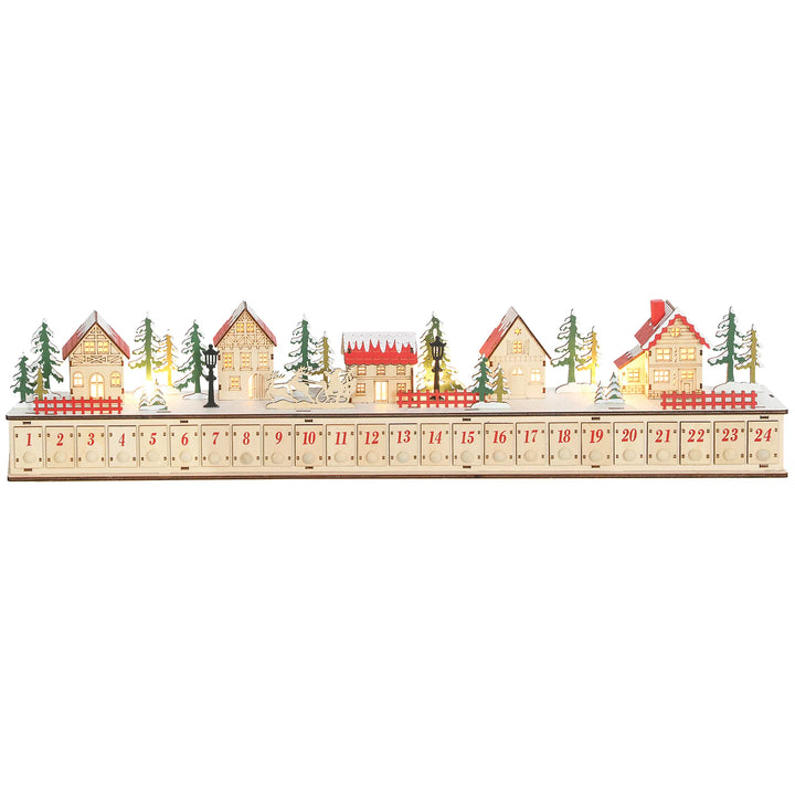 Long wooden lit advent calendar on mantel