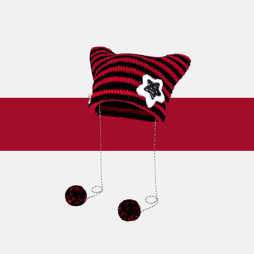 Striped cat ear beanie with pompom ties